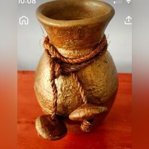 Vintage Decorative Pottery Vase Colored Gold with Rope Accent